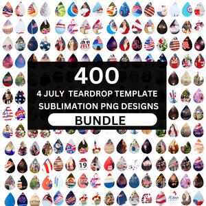 May include: A bundle of 400 teardrop-shaped sublimation PNG designs with patriotic themes, including American flags and fireworks. The designs are suitable for crafting projects related to the 4th of July. The image includes the text "4 JULY TEARDROP TEMPLATE SUBLIMATION PNG DESIGNS BUNDLE."