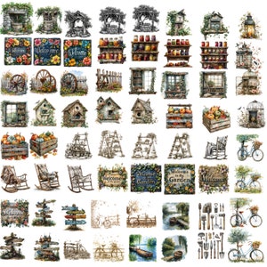 May include: A collection of 48 watercolor illustrations featuring various rustic and farmhouse themes. The illustrations include birdhouses, ladders, rocking chairs, windows, signs, bicycles, and more. The illustrations are perfect for crafting, scrapbooking, and other creative projects.