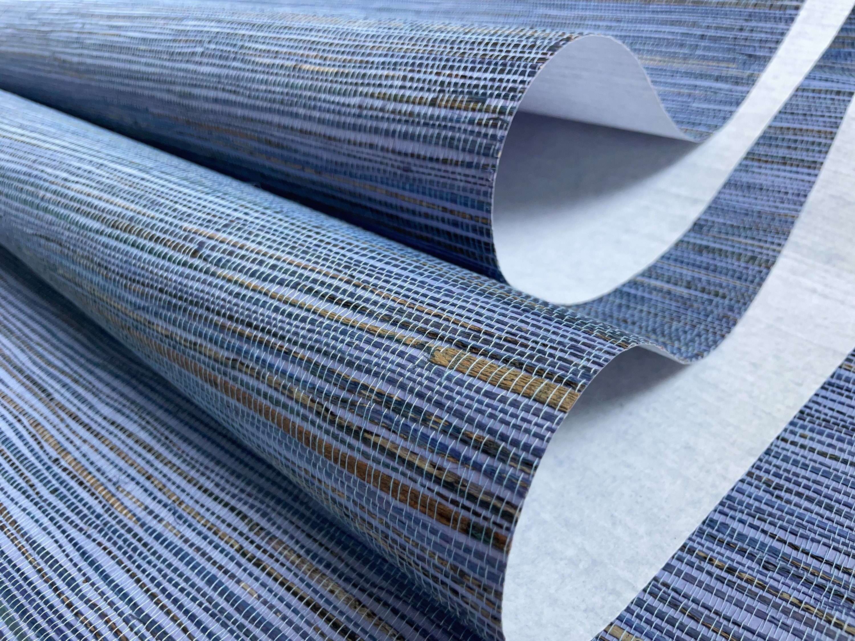 Natural Grasscloth Hemp Wallpaper Painted in Matte Blue Purple Beige