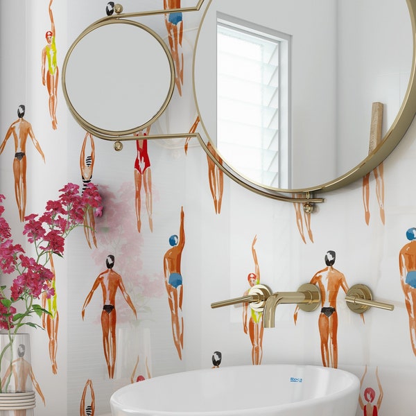 Swimmers Retro White Wallpaper NEW  - Peel & Stick Wallpaper - Removable Self Adhesive and Traditional wallpaper  3402