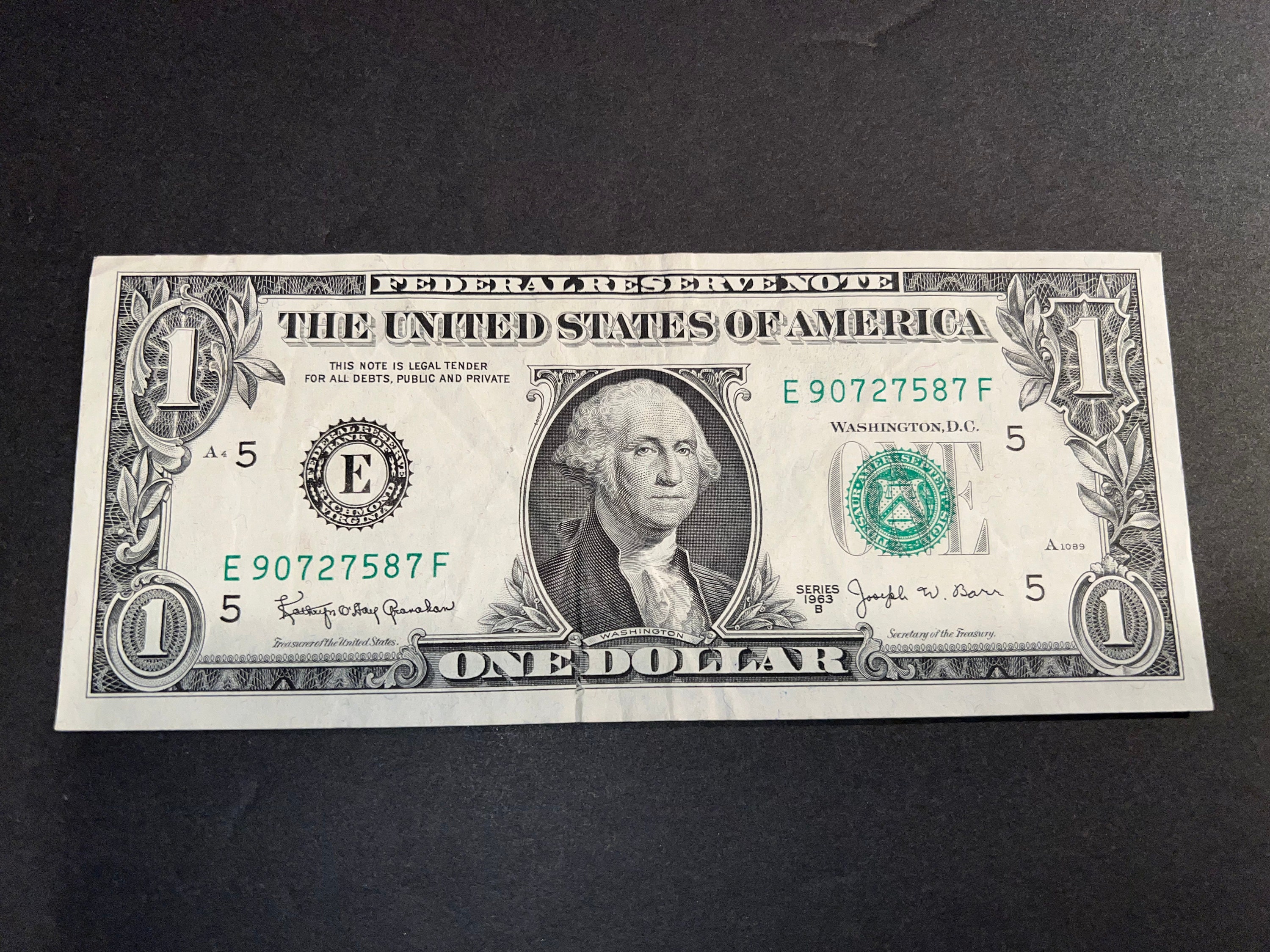 1963B Joseph W Barr One Dollar Bill 