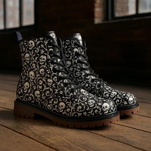 May include: Black combat boots featuring a white skull and floral design. The boots have black laces, a black sole, and a brown tread. The boots are made of a durable material and are suitable for various occasions.