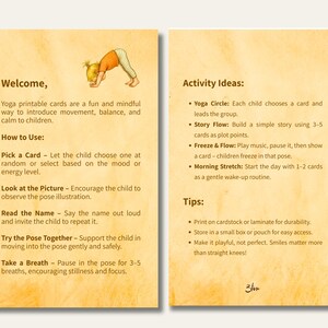 May include: Two-sided yoga printable cards with a light brown background. The cards feature text about introducing movement, balance, and calm to children. One side has instructions, the other has activity ideas. A child in a yoga pose is in the upper right corner.