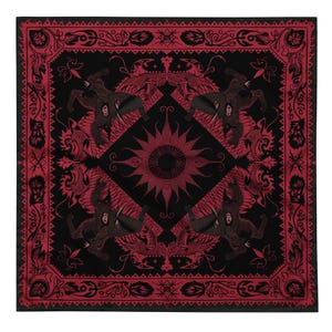 May include: Black and red square bandana with a detailed design. The center features a sunburst design, surrounded by four stylized figures. The border has intricate floral and geometric patterns.