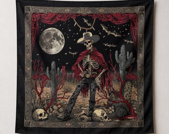 Bandana cowboy squelette, écharpe gothique western, foulard désert rouge noir