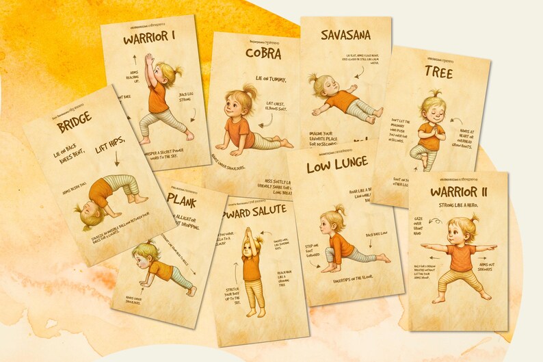 May include: A collection of illustrated yoga pose cards for children. Each card features a child demonstrating a pose, with the pose's name and instructions. Poses include Warrior I, Cobra, and Tree. The cards have a vintage, watercolor style.