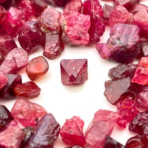 May include: A collection of raw, uncut gemstones in shades of red and pink, with a central, faceted crystal. The stones vary in size and shape, with a range of textures and translucency. The background is white.