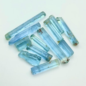 AAA Natural Blue Aquamarine Pencil Rough Lot – 12 Pieces Raw Blue Crystal Points Specimen for Jewelry Making, Wire Wrapping, Facet Making.