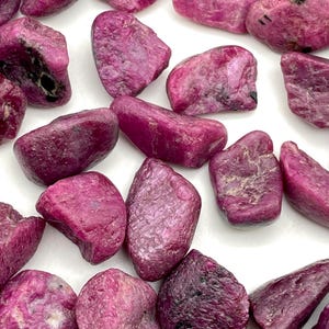 May include: A collection of raw ruby gemstones. The stones are a deep, rich pinkish-red color with a rough, textured surface. The gemstones vary in size and shape, with some showing darker inclusions.