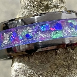 8mm Black Ceramic Ring: Opal & Diamond Dust Inlay, Celestial Wedding Band