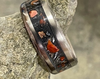 Red Dino Bone Titanium Ring: Meteorite Inlay Wedding Band