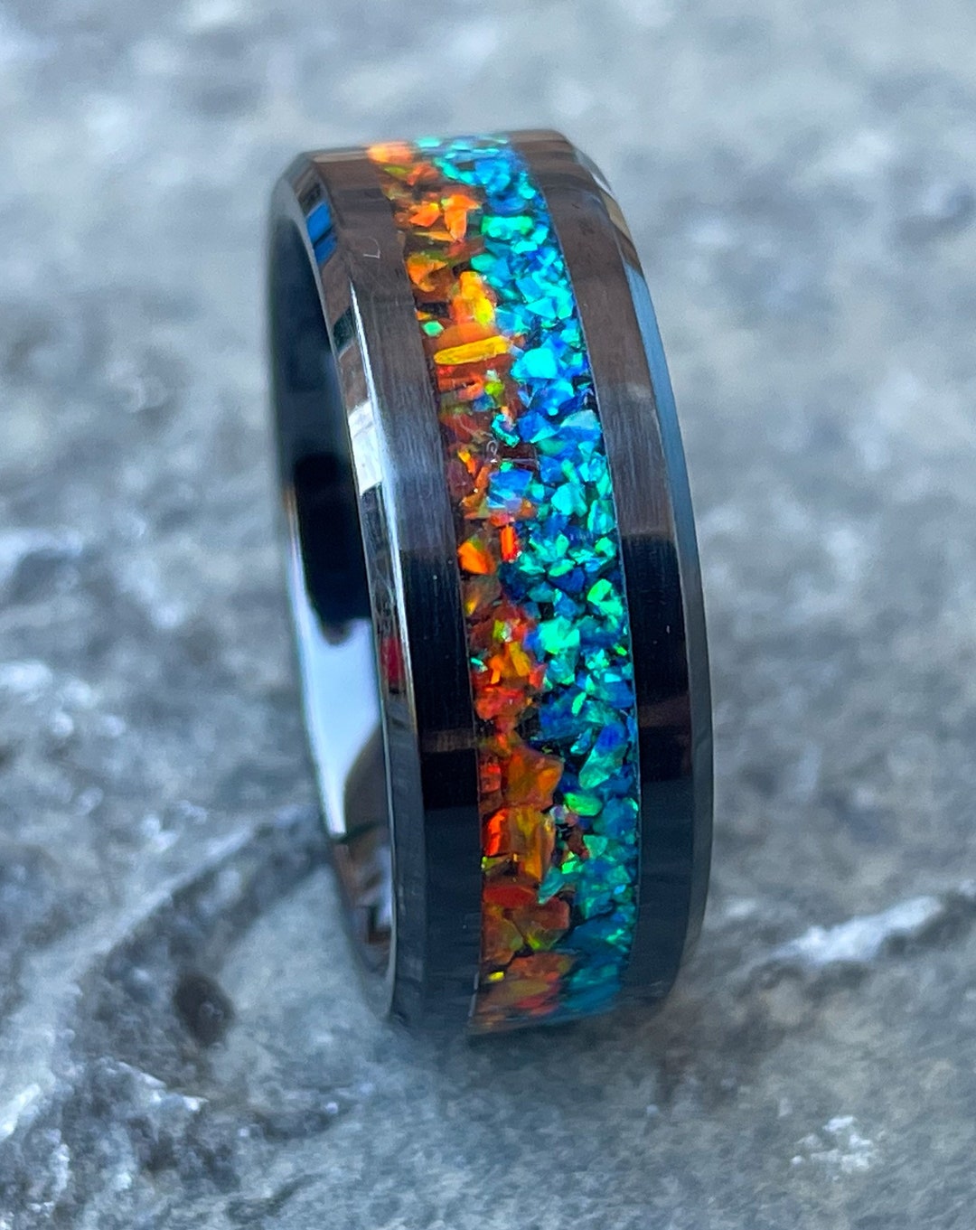 Fire and Ice Opal Ring, 8mm Black Ceramic Ring, Wedding Band
