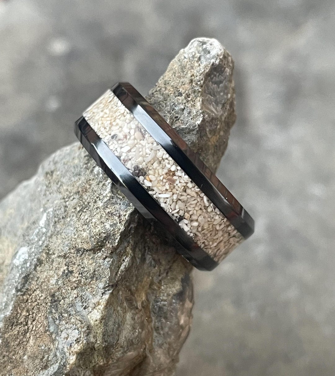 White Sand Inlay Black Ceramic Ring - Personalized Sand Ring, Custom ...