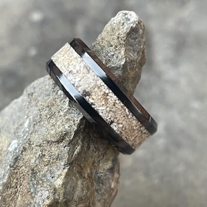 Black Ceramic Ring: White Sand Inlay, Custom Beach Wedding Band