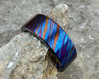 Timascus, Titanium Damascus Ring, Flat Comfort Fit, 6mm or 8mm, Wedding Band
