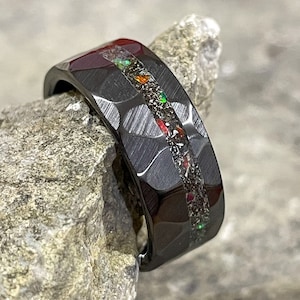 Hammered Black Ceramic Wedding Band: 8mm Meteorite Inlay Ring