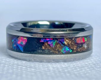 Triceratops & Megalodon Tooth Tungsten Ring - Unique Fossil Wedding Band