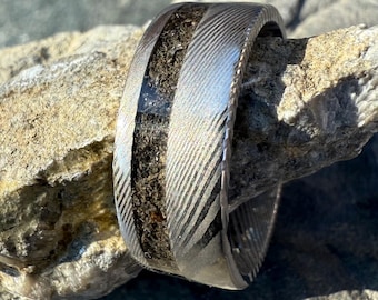 Damascus Steel Ring - Meteorite Dust Inlay, Stainless Steel Wedding Band