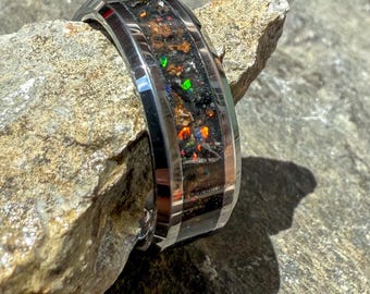 Triceratops and Megalodon Tooth Tungsten Ring With Black Fire Opal Inlay (8mm)