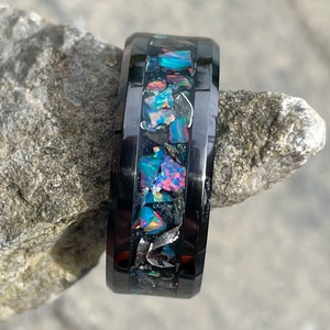 Black Ceramic Meteorite Ring with Opal Inlay - Handmade Wedding Band