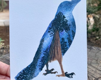 Stargazing Sequoia Raven Watercolor Print or Sticker of Hand-Painted Original