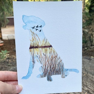 Impressão em aquarela de cachorro-pássaro ou adesivo original pintado à mão