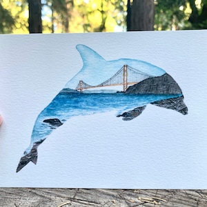 Golden Gate Bridge Delfin Aquarell Druck oder Aufkleber von handgemaltem Original