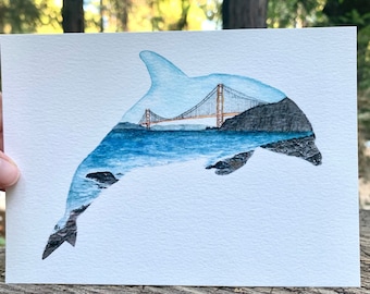 Golden Gate Bridge Dolphin Watercolor Print or Sticker of Hand-Painted Original