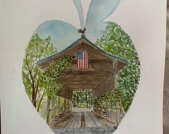 Apple Bridge Watercolor Print or Sticker of Hand-Painted Original