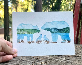 Bear Family Watercolor Print or Sticker of Hand-Painted Original
