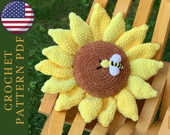 Crochet plush pillow sunflower and bee pattern PDF - plushie amigurumi pattern