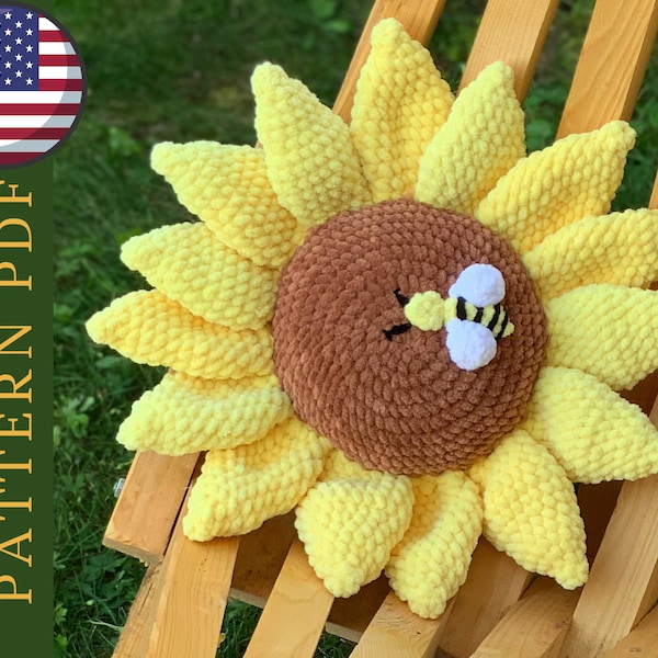 Crochet plush pillow sunflower and bee pattern PDF - plushie amigurumi pattern