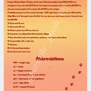 May include: A list of materials and tools needed to crochet a plush toy. The list includes yarn, needles, and other supplies. The text also includes abbreviations for crochet stitches.