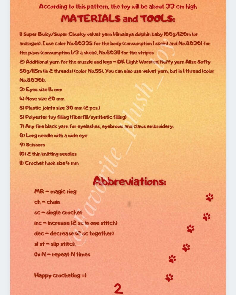 May include: A list of materials and tools needed to crochet a plush toy. The list includes yarn, needles, and other supplies. The text also includes abbreviations for crochet stitches.