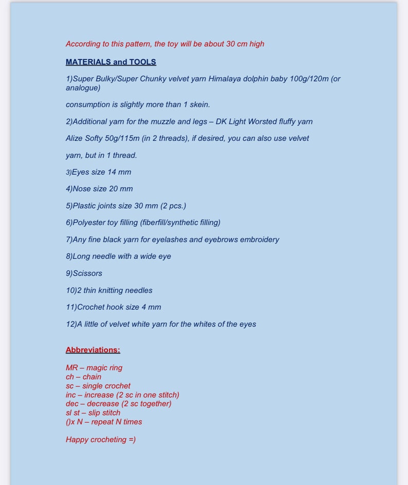 May include: A list of materials and tools needed to crochet a toy, including yarn, needles, and filling. The list includes abbreviations for crochet stitches.