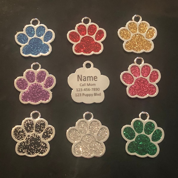 Custom Dog Tag, Glitter Paw Print Id Tag For Pets, Identification Tag, Many Colors, Stylish Pet Tag, Engraving, Personalized, Cat, Dog