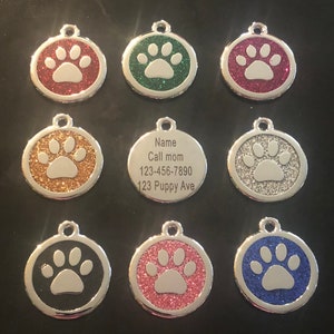 Médaille pour chien à graver, empreinte de patte scintillante ronde, carte d'identité personnalisée pour animal de compagnie, pendentif d'identification coloré et personnalisable pour chats et chiens