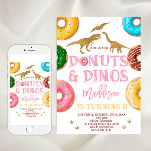 Editable Dinos & Donuts Invitation, Dino Invitation,  Dino and Donut Birthday, Dinosaur Party, Birthday Invitation, Dinosaur Birthday Party