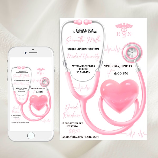 Editable Nursing Graduation Invitation, Registered Nurse Invitation, RN invitation, Licensed Vocational Nurse, Pink Invitation Template 1