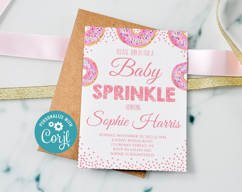 Editable Pink Baby Sprinkle, Donut Baby Shower Invitation, Pink Donuts