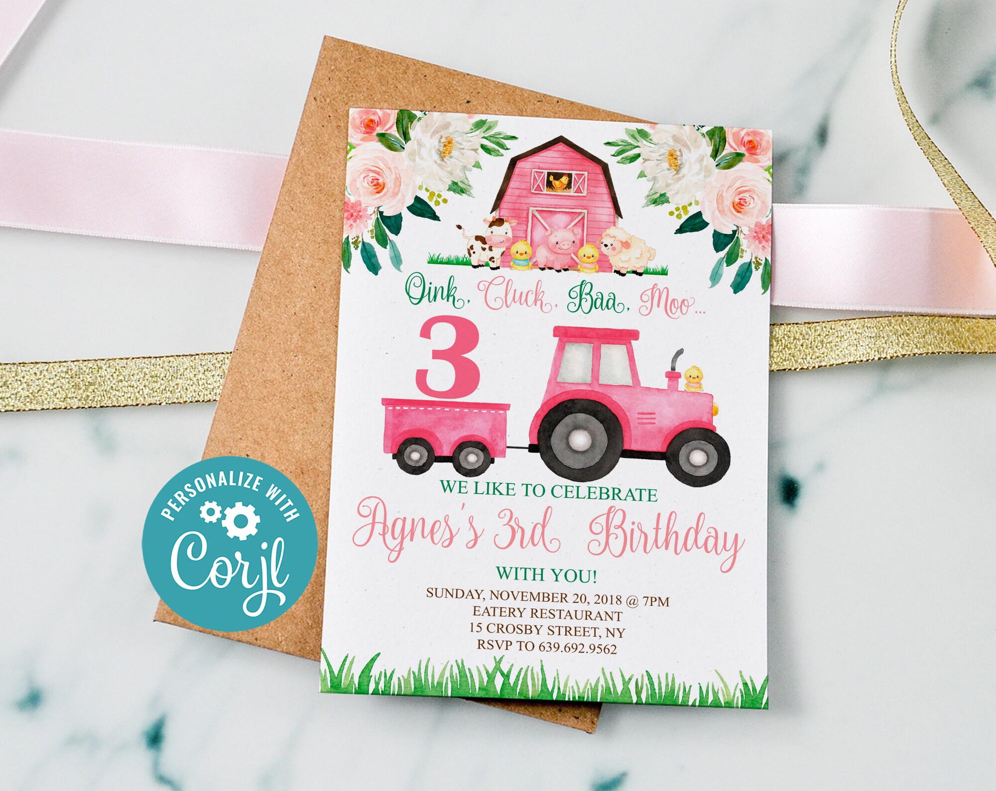 Editable Farm Birthday Invitation, Girl Barnyard Birthday, Girl Farm