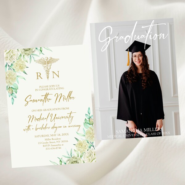 Editable White Roses Nursing Graduation Invitation, Nursing Graduation Invitation with Photo, RN invite, Black Registered Nurse Invitation