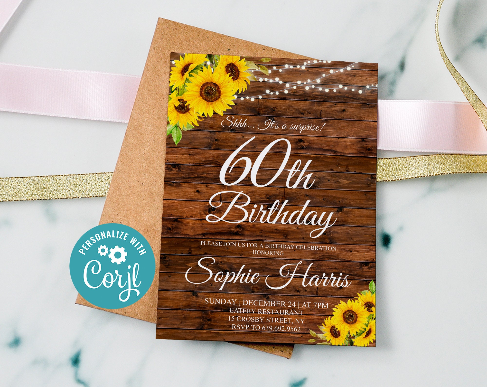 Editable 60th Birthday Invitation, Yellow Floral Birthday Invite