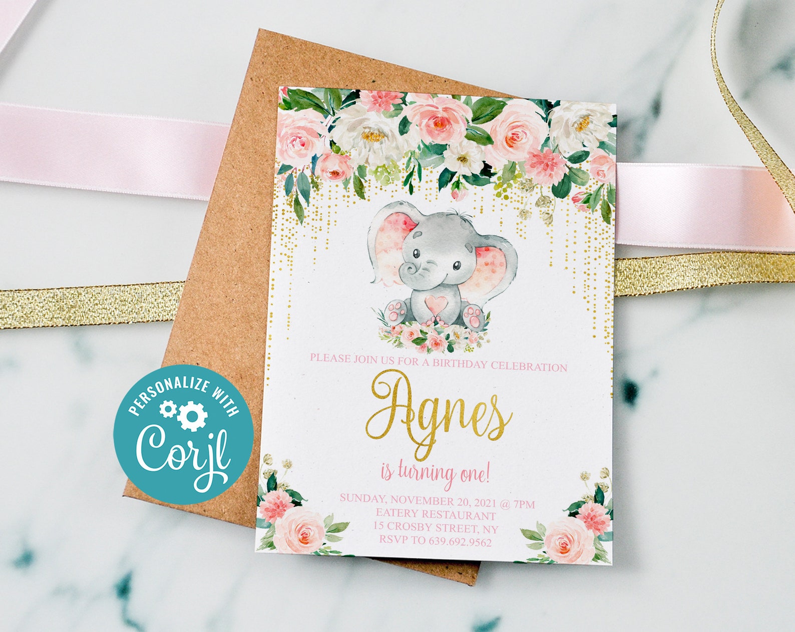 Editable Elephant Birthday Invitation, Floral Elephant Invitation, Girl