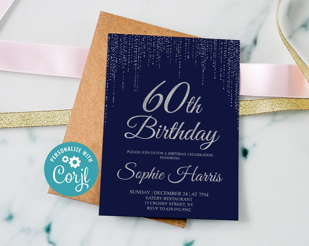 Editable 60th Birthday Invitation, Blue and Silver Birthday Invite