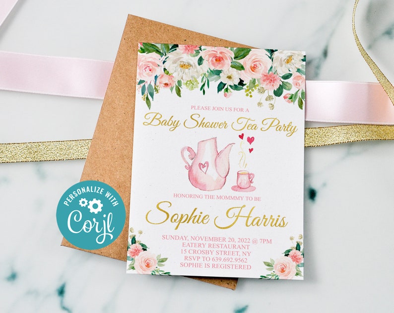 Editable Tea Party Baby Shower Invitation Tea Party Floral Etsy