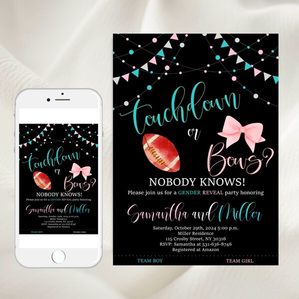 Editable Touchdown or Bows Gender Reveal Invitation, Gender Reveal Party Invitation, Boy orGirl Invitations, He or She,Pink or Blue Template