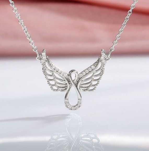 Angel Wings Necklace 14K White Gold Delicate Pendant 1.61 Ct