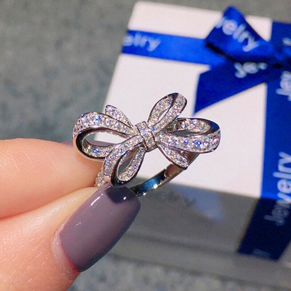 Bow Diamond Ring, 14K White Gold, 1.5Ct Diamond, Engagement Wedding Ring, Timeless Anniversary Promise Ring, Rings For Her, Christmas Gifts