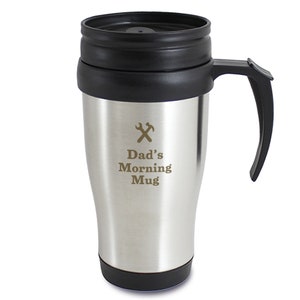 May include: Stainless steel travel mug with a black lid and handle. The mug has an inscription that reads "Dad's Morning Mug" with a wrench and hammer symbol above the text.